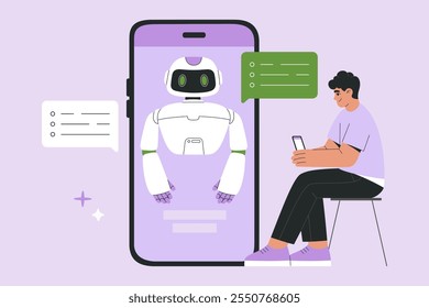 conceito de robô inteligente artificial chat, homem e AI assistente humano mensagens via telefone, pedindo ajuda de negócios, diálogo virtual entre usuário e android. Ilustração de vetor plana, plano de fundo roxo