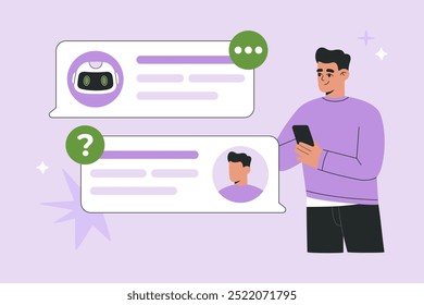 conceito de chatbot inteligente artificial, homem e assistente robô AI conversando via telefone, diálogo virtual on-line entre android e humano, fazendo perguntas de negócios. Ilustração moderna de vetor plano