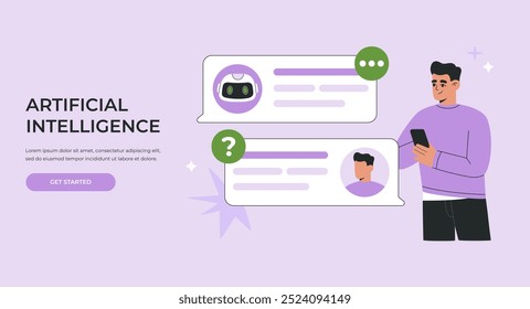 conceito de chatbot inteligente artificial, homem e assistente robô AI conversando via telefone, diálogo virtual entre android e humano, fazendo perguntas de negócios. Ilustração de vetor plano para site, banner