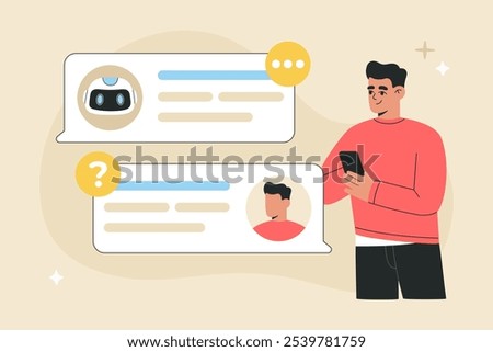 Artificial Intelligent chatbot concept, man and human assistant messaging via phone, virtual dialog with smart robot, asking questions in speech bubbles. Flat vector illustration, isolated background
