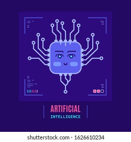 Artificial intelligent concept banner design. Cheerful face on Vector printed circuit board. CPU illustration. Flat style illustration.