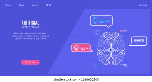 Artificial intelligent concept banner design. Vector printed circuit board human brain. CPU illustration. Flat style illustration.