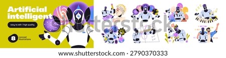 Artificial intelligent concept set. Development of AI and machine learning technology. Using of robots and neural networks in art and science. Flat isolated vector illustration on white background