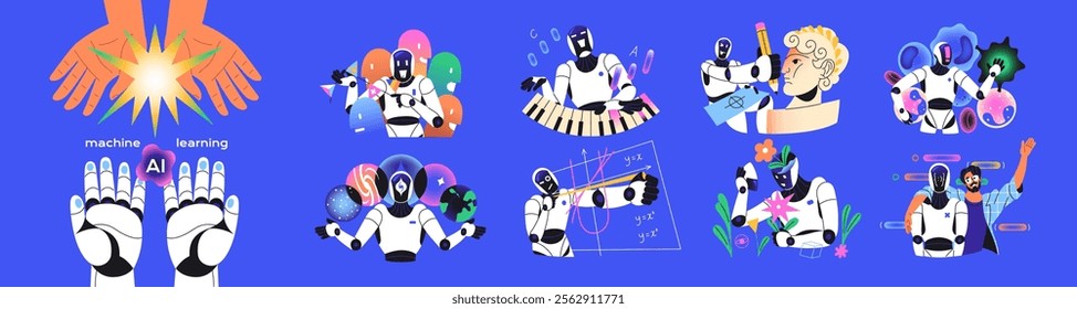 Artificial intelligent concept set. Machine or deep learning. AI robot studies art, music, math, increases computing power. Humanoid with neural network technology. Flat isolated vector illustrations