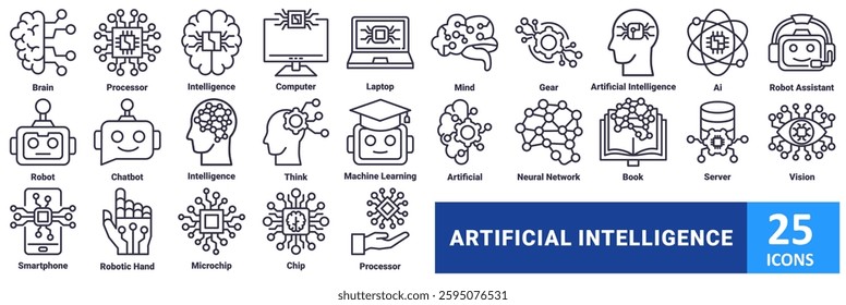 Artificial Intelligent icon set. with icon brain, processor, intelligence, computer, laptop, mind, gear, artificial intelligence, ai, robot assistant, robot, chatbot, artificial intelligence, think