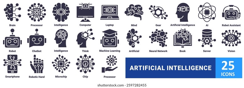 Artificial Intelligent icon set. with icon brain, processor, intelligence, computer, laptop, mind, gear, artificial intelligence, ai, robot assistant, robot, chatbot, artificial intelligence, think