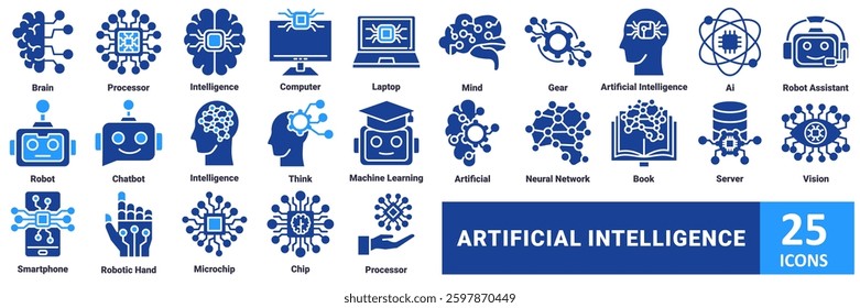 Artificial Intelligent icon set. with icon brain, processor, intelligence, computer, laptop, mind, gear, artificial intelligence, ai, robot assistant, robot, chatbot, artificial intelligence, think