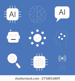 Iconos inteligentes artificiales con la cara del robot, cerebro, señal del wifi.   