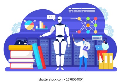 Artificial intelligent machine learning vector illustration. Cartoon flat tiny scientist character teaching digital robot brain intelligence. Auto education, learn technology concept isolated on white