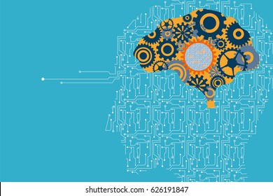 Artificial Intelligent and robotic concept. Integrated Circuit of electronic signal and data to form a human head shape with mechanical and digital database inside the brain.