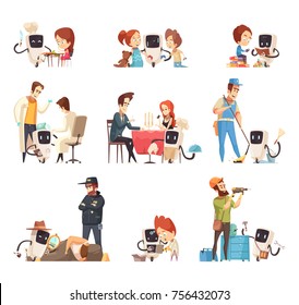 Artificial intelligent robotic devices helping people with cleaning serving food assisting police cartoon icons collection isolated vector illustration 