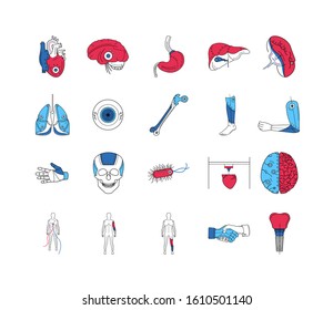 Artificial limb color line icons set. Prosthetic implants of different organs and parts of body.  Editable stroke.