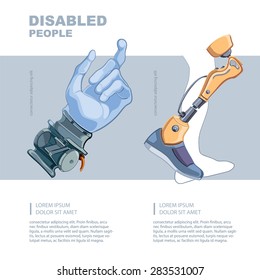 Artificial limb. Hand and foot. Template for the page of the magazine with vector picture. 
