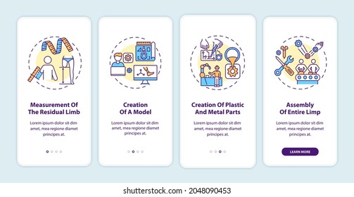 Artificial limb manufacturing steps onboarding mobile app page screen with concepts. Model create walkthrough 4 steps graphic instructions. UI, UX, GUI vector template with linear color illustrations