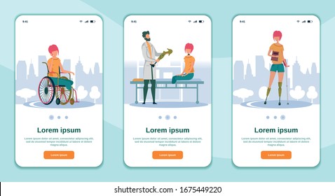 Artificial Limb and Rehabilitation Phone Application Landing Page. Young Girl in Wheelchair with Both Leg Amputated, Doctor Giving Her Prosthesis, and She Is Finally Walking Again by Herself.