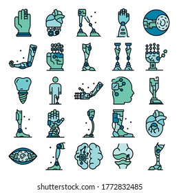 Artificial limbs icons set. Outline set of artificial limbs vector icons thin line color flat on white