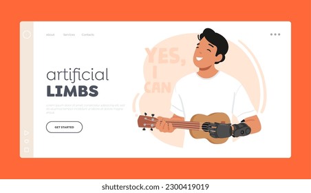 Plantilla de la página de aterrizaje de las extremidades artificiales. El Hombre Enciende Ukulele Con Un Brazo Prostético, Demostrando El Potencial Imitado De La Tecnología Adaptativa En El Campo De La Música. Ilustración de vectores de personas de caricatura