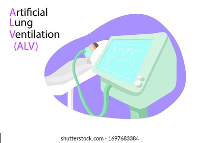 An artificial lung ventilation apparatus against which the patient lies and breathes using this apparatus. VECTOR illustration of a person with lung disease (coronavirus, pneumonia) and AVL 