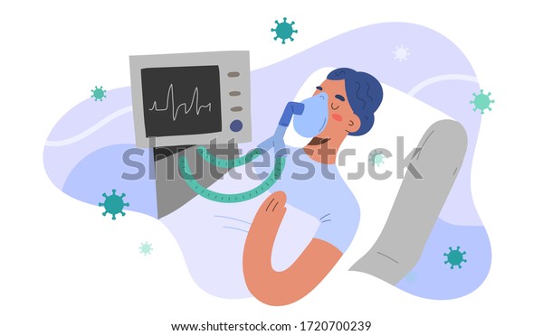 Artificial lung ventilation for covid patient,\
intensive care in hospital, woman infected by coronavirus in\
critical condition, vector illustration, cartoon character.\
Pulmonary\
ventilator