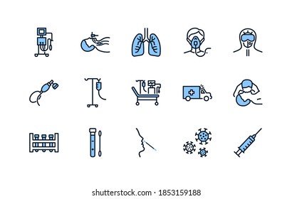 Artificial lung ventilation flat line icons set blue color. Vector illustration coronavirus test and medical equipment for covid-19. Nasal swab laboratory test, icu, oxygen mask, mouth-to-mouth