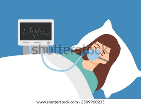 Artificial lung ventilation for patient, intensive care in hospital. woman with oxygen mask vector illustration cartoon character. Pulmonary ventilator.