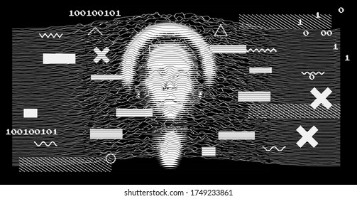 Artificial or machine intelligence concept. 3D silhouette of human head extruded from lines looking like graph of a function. Generative computer art.