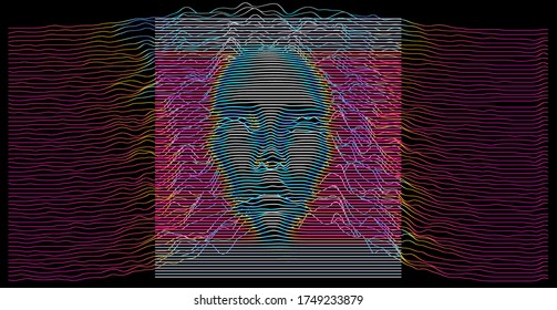 Artificial or machine intelligence concept. 3D silhouette of human head extruded from lines looking like graph of a function. Generative computer art.