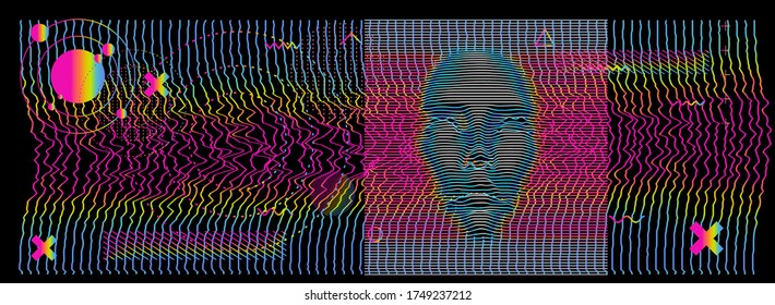 Artificial or machine intelligence concept. 3D silhouette of human head extruded from lines looking like graph of a function. Generative computer art.