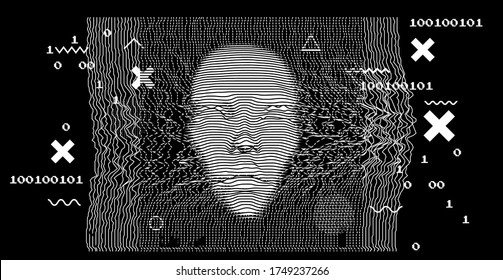 Artificial or machine intelligence concept. 3D silhouette of human head extruded from lines looking like graph of a function. Generative computer art.