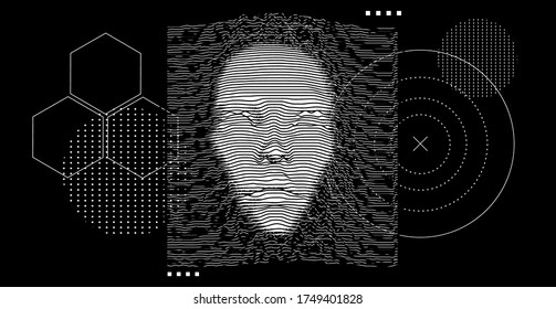 Artificial or machine intelligence concept. 3D silhouette of human head extruded from lines looking like graph of a function. Generative computer art.