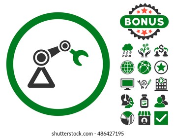 Artificial Manipulator icon with bonus design elements. Vector illustration style is flat iconic bicolor symbols, green and gray colors, white background.