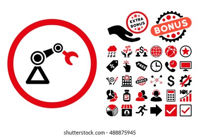 Artificial Manipulator icon with bonus pictograph collection. Vector illustration style is flat iconic bicolor symbols, intensive red and black colors, white background.