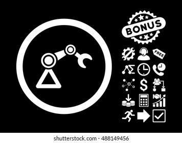 Artificial Manipulator pictograph with bonus symbols. Vector illustration style is flat iconic symbols, white color, black background.