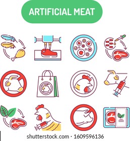 Artificial meat color line icons set. Cultured meat. Meat grown in cell culture instead of inside animals. Pictogram for web page, mobile app, promo. UI UX GUI design element. Editable stroke.