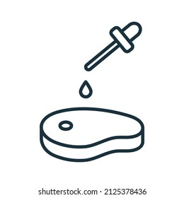 Symbol für künstliche Fleischlinie. Lab Grown Meat Outline Piktogramm. Künftige Kultur der Ernährung. Anbau von synthetischem Rindfleisch durch Liquid in Pipette Linear Icon. Bearbeitbarer Stroke. Einzelne Vektorgrafik.