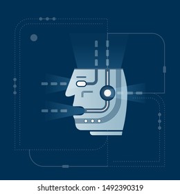 Artificial mind inside head processes information. Bot getting data and analyze. AI, machine learning, deep learning or data mining design concept. Vector illustration with simple shapes.