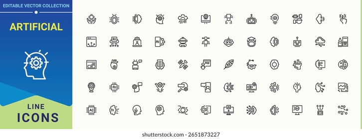 Conjunto de iconos modernos artificiales. Contiene símbolos de contorno como robot, futuro, inteligente, tecnología, inteligencia, ciencia y más. Conjunto de iconos de aire. Colección de iconos vectoriales. Colecciones de trazo editables.