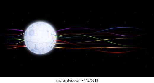 Artificial moon with multicolored wires connected to it against black background
