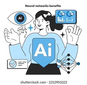 Beneficios artificiales de la red neuronal. Sistema de computación de autoaprendizaje para el procesamiento de datos. Máquina profunda aprendiendo tecnología moderna. Ilustración vectorial plana