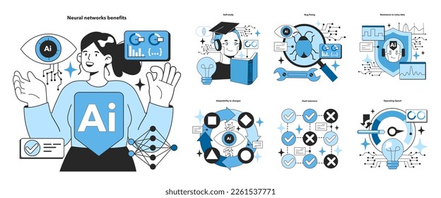 Artificial neural network benefits set. Self-learning computing system for data processing. Deep machine learning modern technology. Flat vector illustration