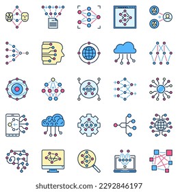 Artificial Neural Network colored icons. AI and Deep Learning vector creative signs. Future Technology symbols