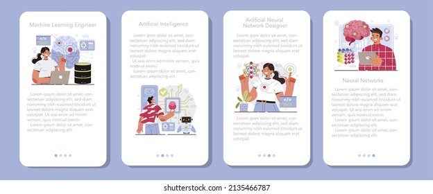 Artificial neural network designer mobile application banner set. Specialist designing developing and maintaining AI networks. Machine learning engineer. Flat vector illustration