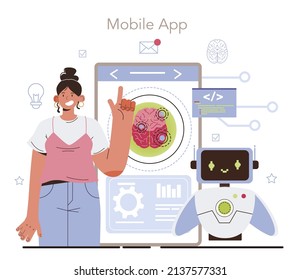 Servicio o plataforma en línea de diseñador de redes neuronales artificiales. Especialista en desarrollo de redes de IA. Ingeniero de aprendizaje de máquinas. Aplicación móvil. Ilustración vectorial plana