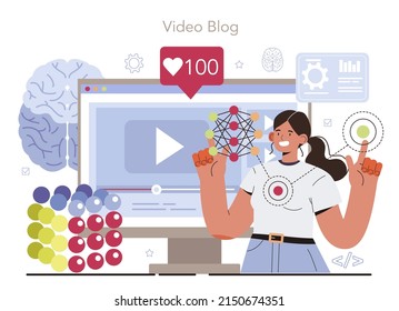 Servicio o plataforma en línea de diseñador de redes neuronales artificiales. Especialista en desarrollo de redes de IA. Ingeniero de aprendizaje de máquinas. Video blog. Ilustración vectorial plana