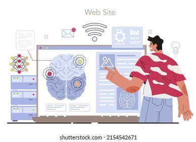 Artificial neural network designer online service or platform. Specialist developing AI networks. Machine learning engineer. Website. Flat vector illustration