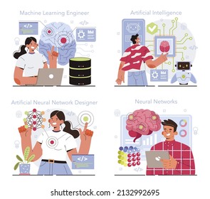 Artificial neural network designer set. Specialist designing developing and maintaining AI networks. Machine learning engineer. Flat vector illustration
