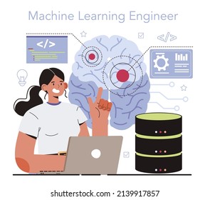 Artificial neural network designer. Specialist designing developing and maintaining AI networks. Machine learning engineer. Flat vector illustration