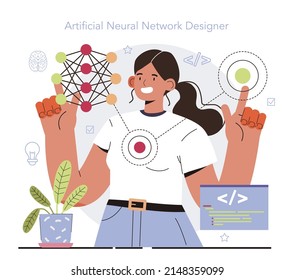 Diseñador artificial de redes neuronales. Especialista en el diseño y mantenimiento de redes de IA. Ingeniero de aprendizaje de máquinas. Ilustración vectorial plana