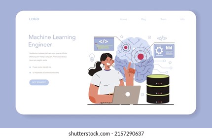 Artificial neural network designer web banner or landing page. Specialist designing developing and maintaining AI networks. Machine learning engineer. Flat vector illustration