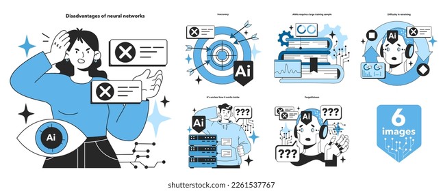 Artificial neural network disadvantages set. Self-learning computing system for data processing. Deep machine learning modern technology. Flat vector illustration